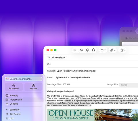 MacBook Neo Display, Apple Intelligence Schreibtools werden in Mail verwendet, um einen E-Mail Entwurf mit einer Einladung zu einem Tag der offenen Tür zu verfassen