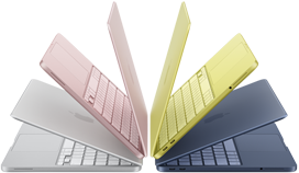MacBook Neo Laptops in den Farben Silber, Rosa, Zitrus und Indigo, halb geöffnet und in einem Halbkreis angeordnet