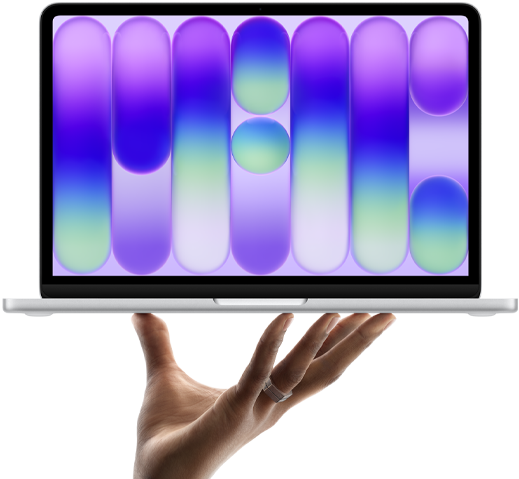 Ein MacBook Neo in der Farbe Silber wird auf den Fingerspitzen einer geöffneten Hand balanciert, das Display zeigt ein farbiges, abstraktes Muster