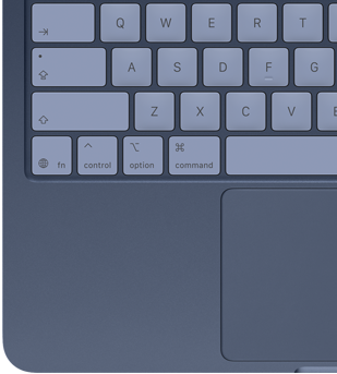 Draufsicht auf das MacBook Neo in Indigo mit farblich abgestimmten Tastenkappen und sichtbarem Multi-Touch Trackpad