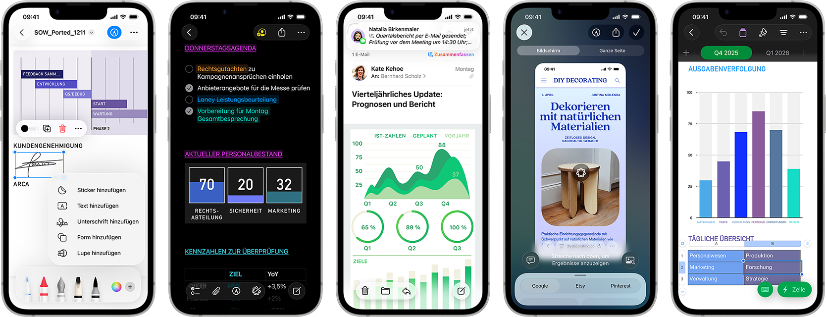 iPhone17e 23 Mehrere iPhone 17e Geräte im Hochformat nebeneinander, die die Performance mit verschiedenen Diagrammen, Tabellen und Produktivitätsapps für Unternehmen wie Vorschau, Notizen, Mail, Visuelle Intelligenz und Numbers zeigen
