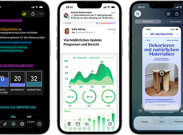 iPhone17e 25 Mehrere iPhone 17e Geräte im Hochformat nebeneinander, die die Performance mit verschiedenen Diagrammen, Tabellen und Produktivitätsapps für Unternehmen wie Vorschau, Notizen, Mail, Visuelle Intelligenz und Numbers zeigen