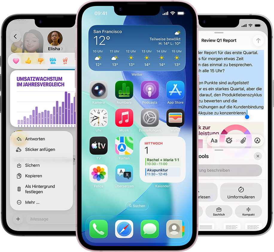 iPhone17e 47 Mehrere iPhone 17e Geräte nebeneinander zeigen ein Foto eines Diagramms in der Nachrichten App, den Homescreen mit dem Wetter Widget und Apps sowie die Notizen App mit verwendeten Apple Intelligence Schreibtools