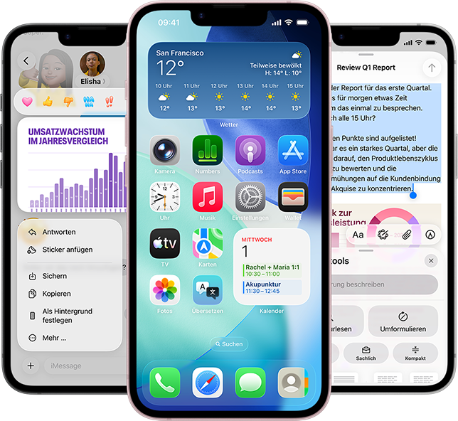 iPhone17e 48 Mehrere iPhone 17e Geräte nebeneinander zeigen ein Foto eines Diagramms in der Nachrichten App, den Homescreen mit dem Wetter Widget und Apps sowie die Notizen App mit verwendeten Apple Intelligence Schreibtools