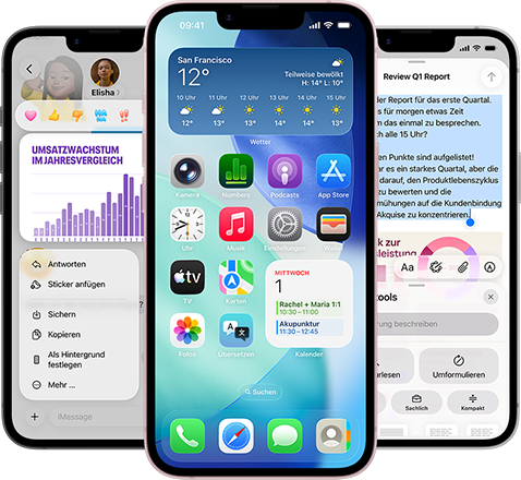 iPhone17e 49 Mehrere iPhone 17e Geräte nebeneinander zeigen ein Foto eines Diagramms in der Nachrichten App, den Homescreen mit dem Wetter Widget und Apps sowie die Notizen App mit verwendeten Apple Intelligence Schreibtools
