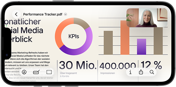 iPhone17e 17 Ein iPhone 17e im Querformat zeigt einen FaceTime Anruf, um eine Präsentation in Vorschau anzusehen