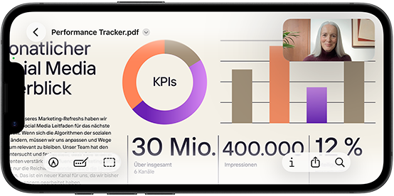 iPhone17e 18 Ein iPhone 17e im Querformat zeigt einen FaceTime Anruf, um eine Präsentation in Vorschau anzusehen