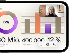 iPhone17e 19 Ein iPhone 17e im Querformat zeigt einen FaceTime Anruf, um eine Präsentation in Vorschau anzusehen