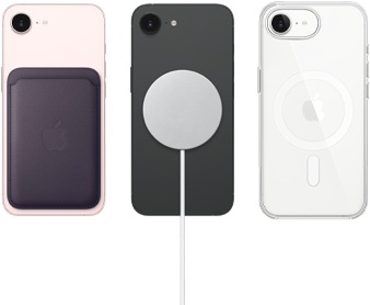 iPhone17e 99 iPhone 17e in Farbe Hellrosa mit Feingewebe Wallet in Farbe Mitternachtviolett, iPhone 17e in Farbe Schwarz mit MagSafe Ladegerät, iPhone 17e in Farbe Weiß mit Clear Case mit MagSafe