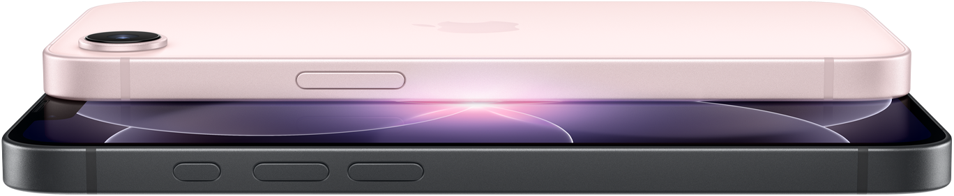 Vorderseite eines iPhone 17e in Schwarz, Teilansicht des Displays, Seite mit Actiontaste, Lautstärketasten, Rückseite eines iPhone 17e in Hellrosa, Einzelkamera, Seite mit Taste